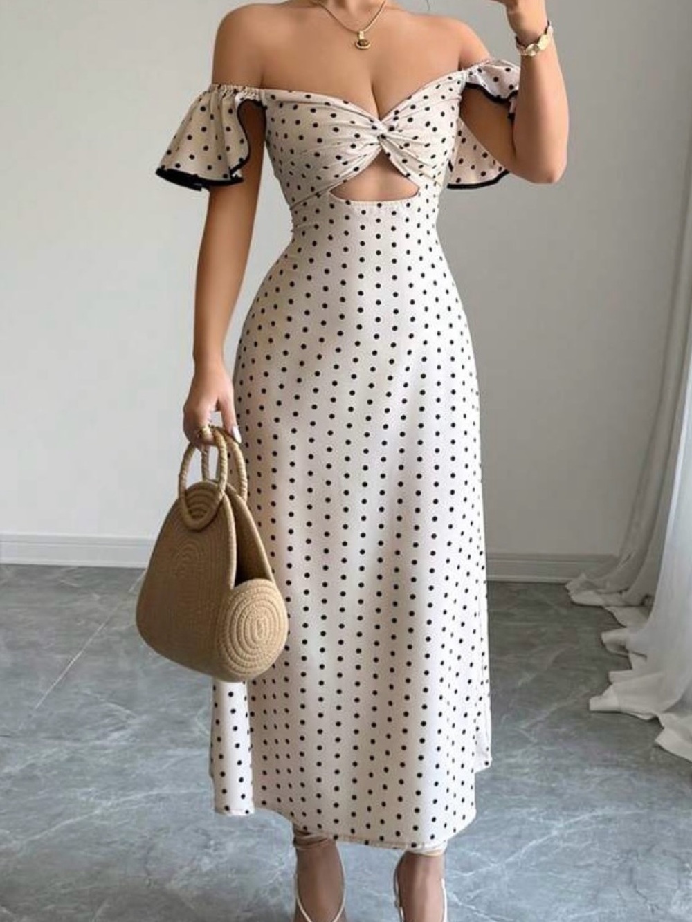SHEIN Cream Polka Dot One-Shoulder Midi Dress